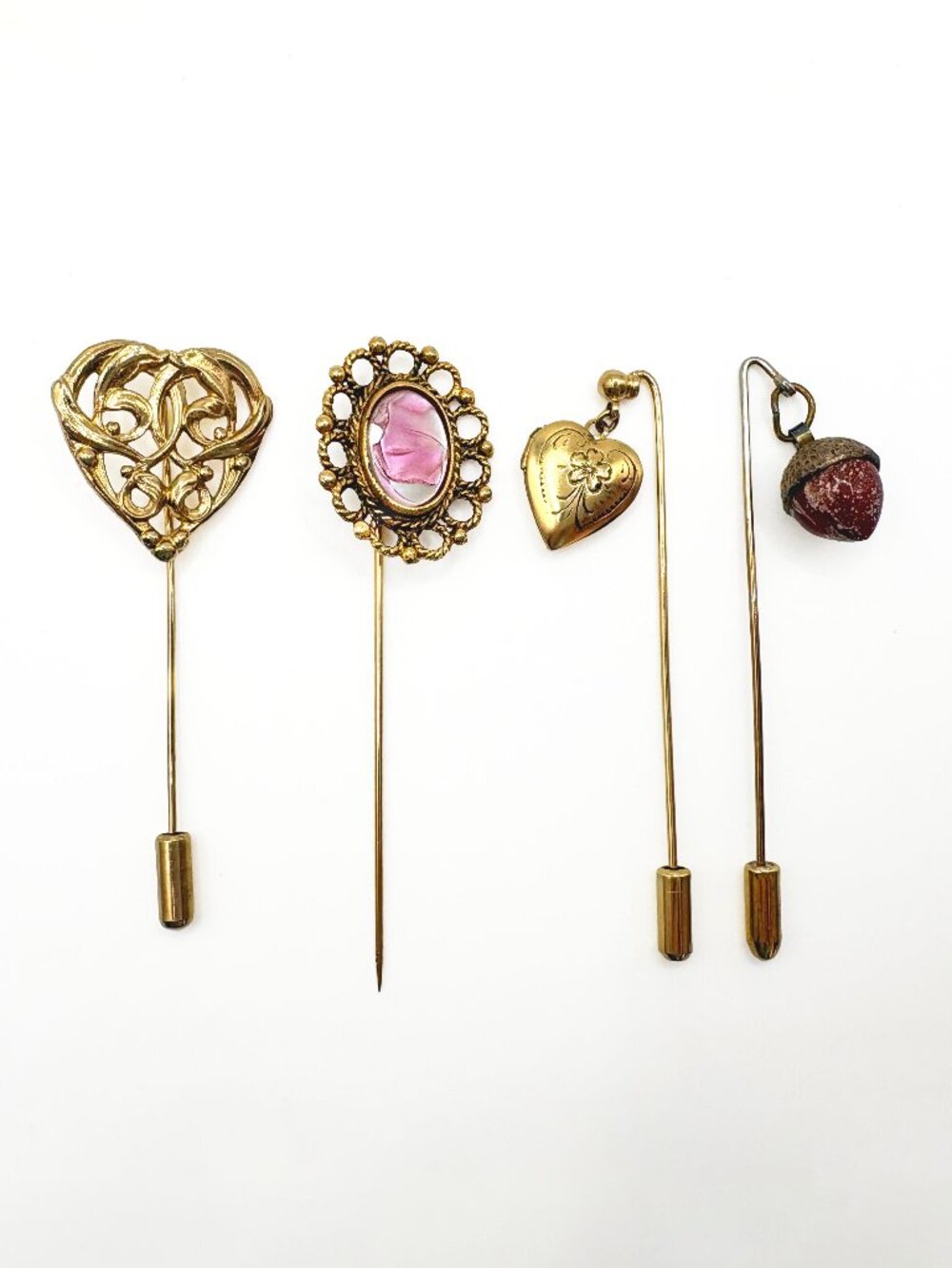 Vintage Stick Pin Lot Heart Locket Acorn Floral Gold Tone Jewelry
